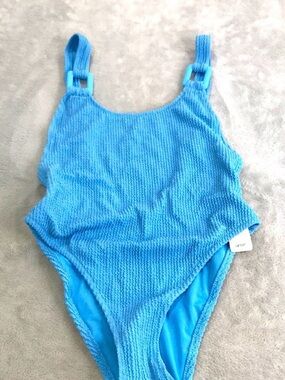 Aerie Crinkle Textured Cheekiest One Piece Swim Suit Blue Size S New NWT